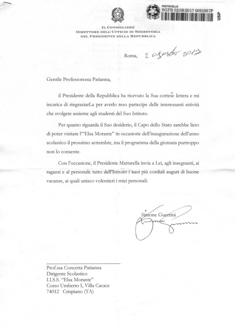 Lettera del Presidente Mattarella