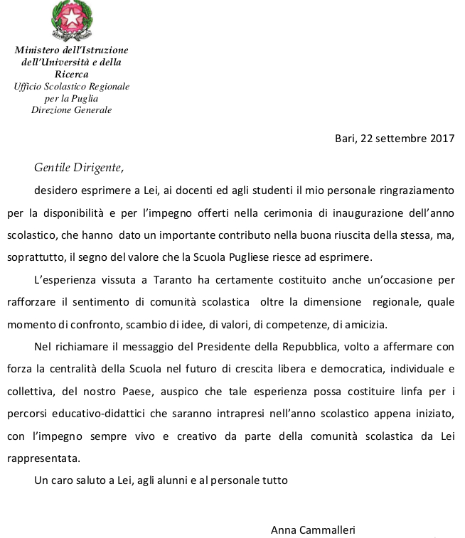 Ringraziamenti del Direttore Generale USR per la Puglia